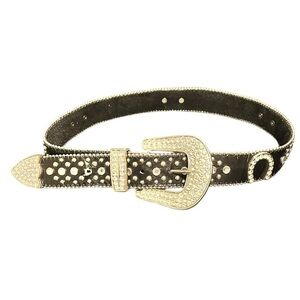 RHINESTONE CRYSTAL BLING Horseshoes Black Leather Silvertone Ornate Western Belt